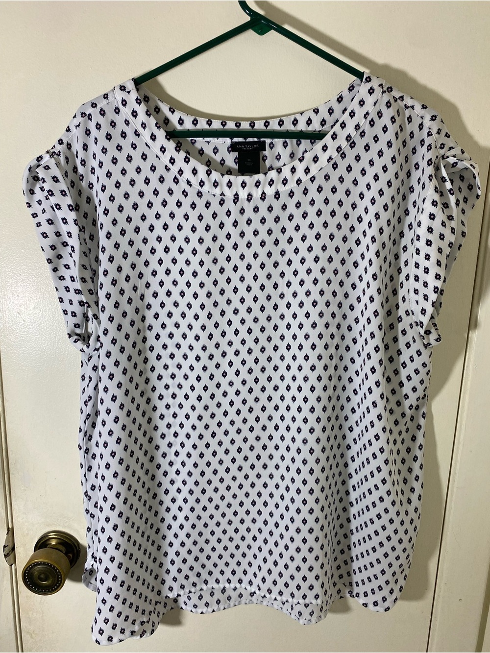 Ann Taylor White Blouse with Navy Geometric Print